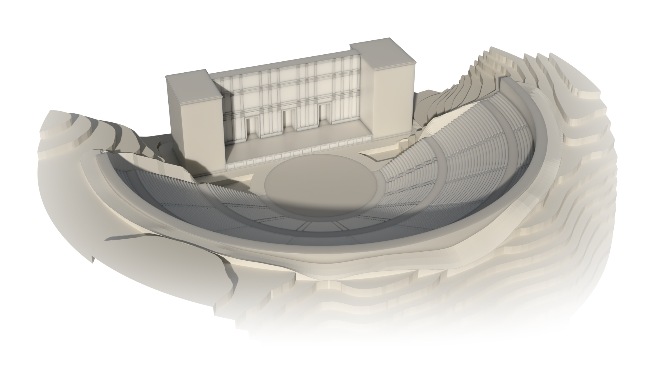 Roman reconstruction hypothesis (A). Oblique presentation of the theatre and layered terrain.