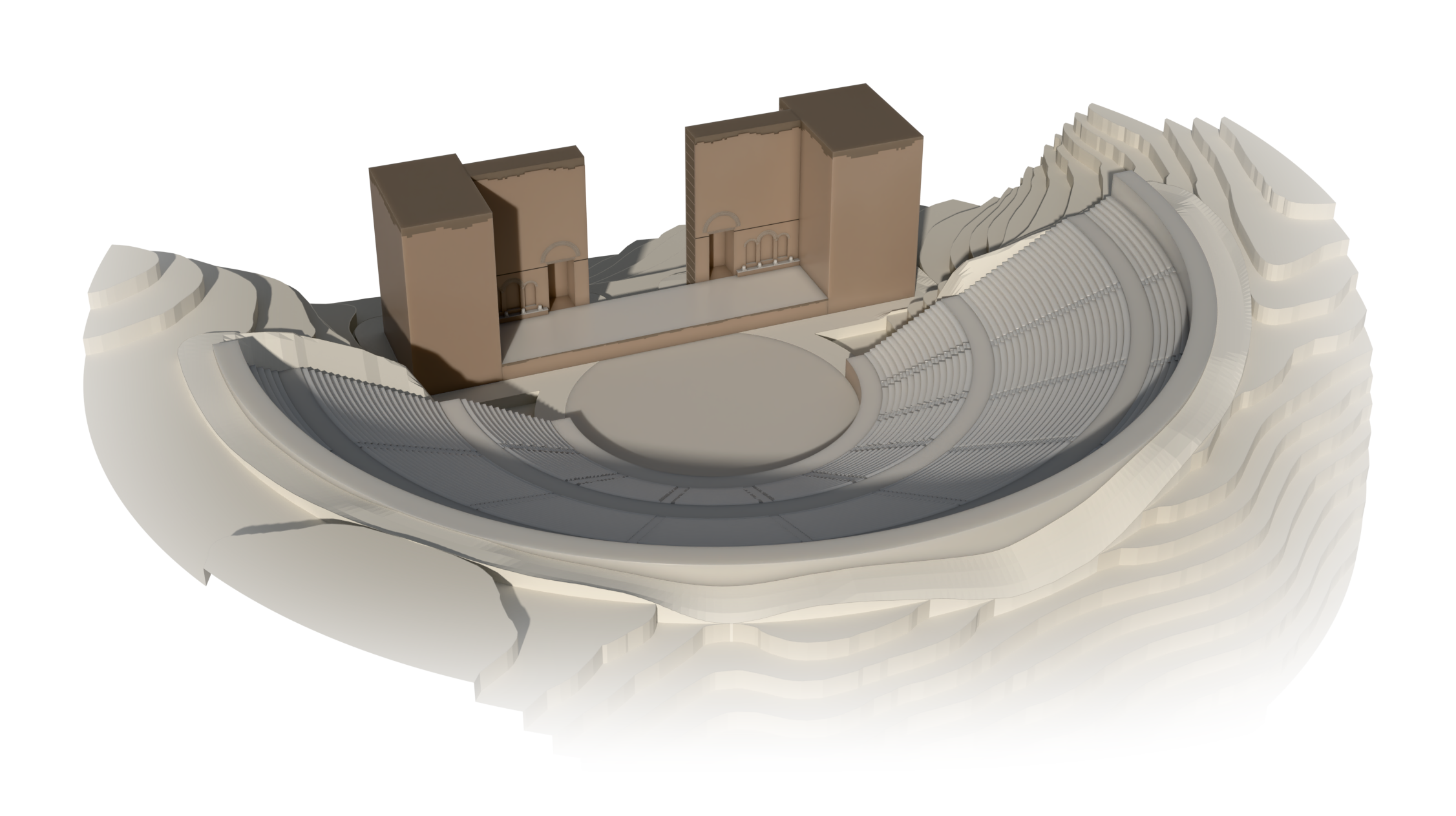 Ruin configuration as simulated (B). Oblique presentation of the theatre and layered terrain.