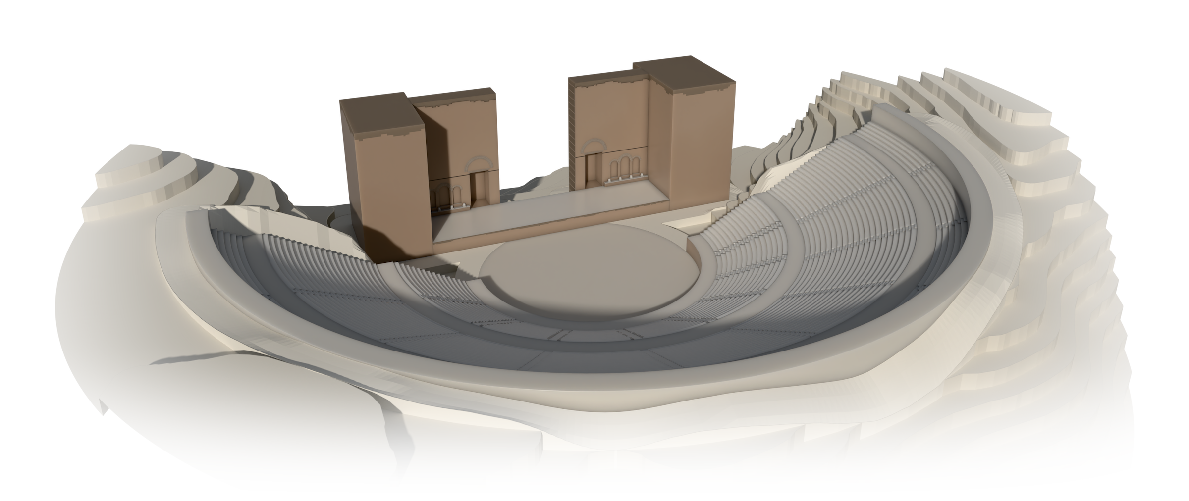 Ruin configuration as simulated (B). Overview presentation of the theatre and layered terrain.