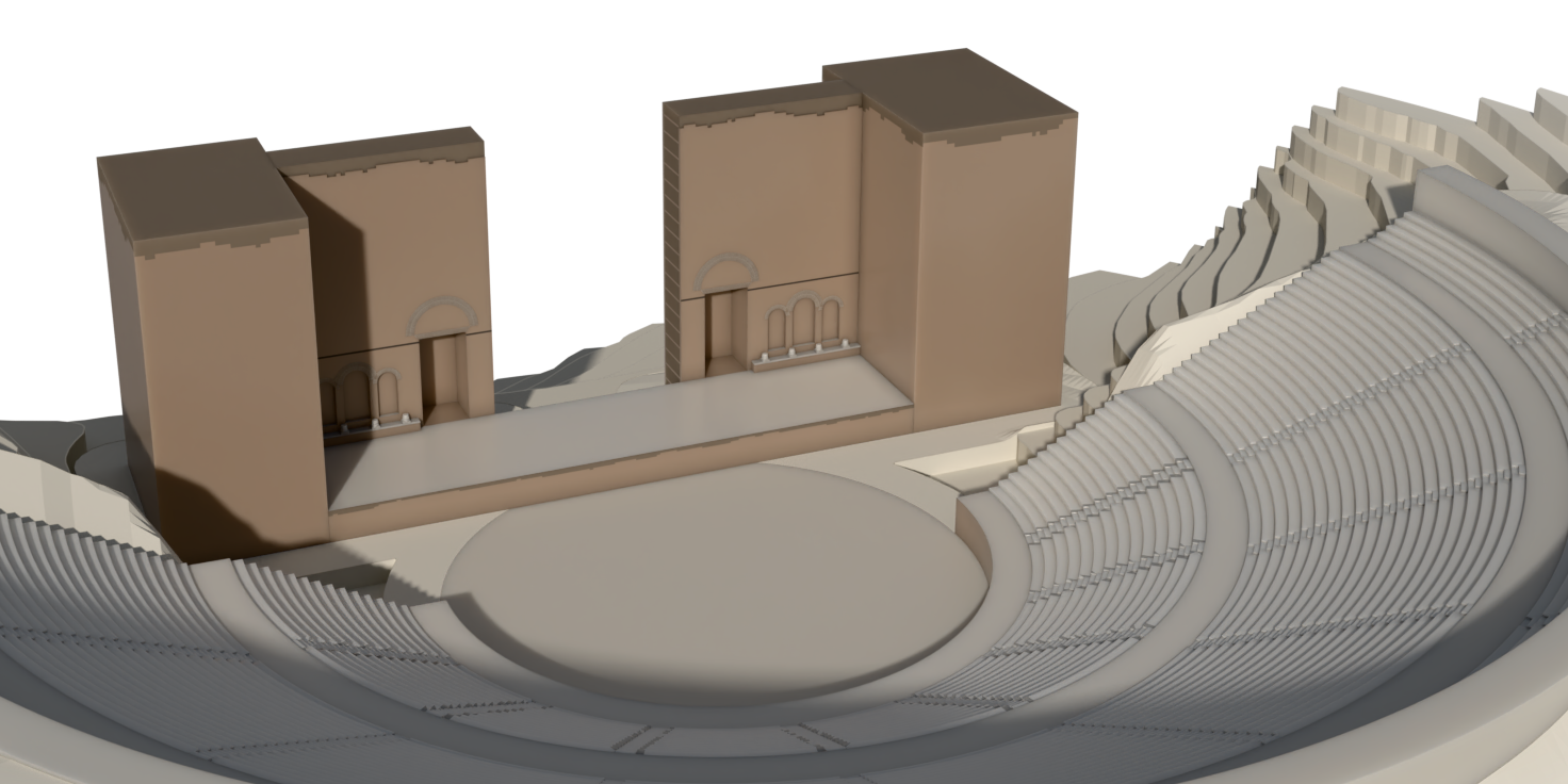 Ruin configuration as simulated (B). Matched detail of the stage wall and towers.